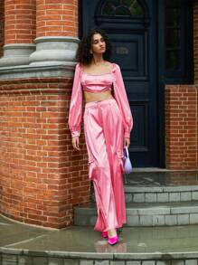 Becci Designer Sweetheart Neck Lantern Sleeve Crop Satin Blouse, For Holiday