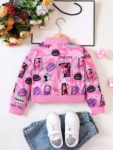 SHEIN Young Girl Figure & Letter Graphic Zip Up Bomber Jacket - Pink - View 2