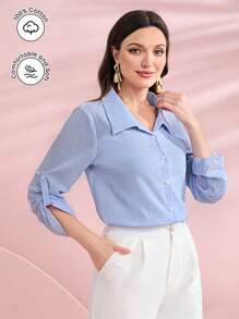 Seusyu 休閒前紐扣純色女士襯衫 - 藍色 - 查看 1