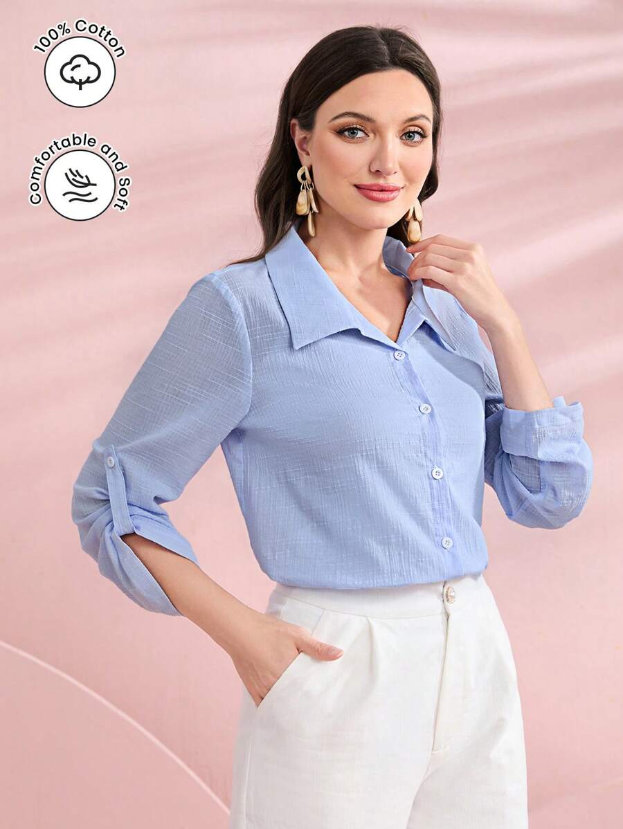 Seusyu 休閒前紐扣純色女士襯衫 - 藍色 - 查看 1