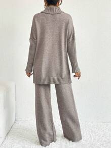 Firerie 高領落肩袖下擺開叉套頭毛衣和針織褲 - 灰色 - 查看 2