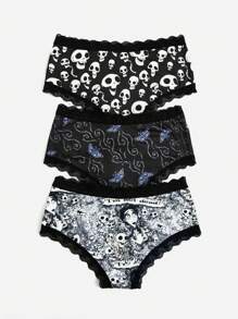 Corpse Bride | ROMWE 3pack Skull Print Contrast Lace Panty Set - Black - View 2