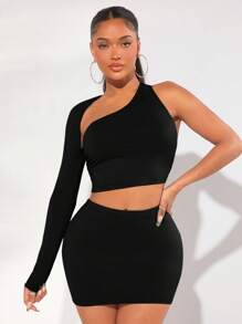 SHEIN SXY Solid One Shoulder Crop Top & Bodycon Skirt