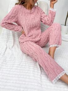 Lace Trim Flannel PJ Set - Pink - View 5