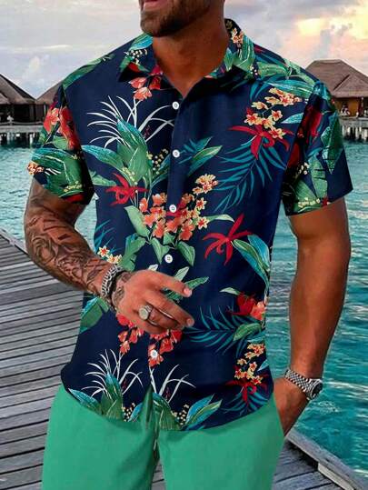 Manfinity RSRT Män Tropical Print grafisk kortärmad skjorta, för make, semester