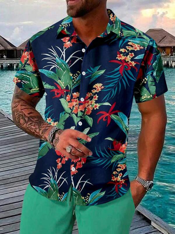 Manfinity RSRT Men Tropical Print Graphic Short Sleeve Shirt, For Husband, Vacation