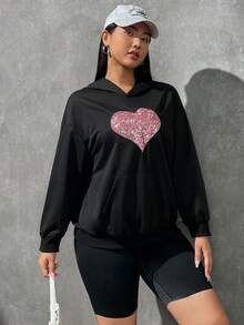 SHEIN EZwear Áo nỉ cỡ lớn in hình trái tim, túi kangaroo, vai rớt - màu đen - Xem 4