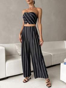 SHEIN Privé 條紋印花抹胸上衣&闊腿褲 - 黑色 - 查看 6