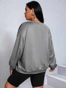 SHEIN EZwear 大碼人像圖案落肩袖運動衫 - 灰色 - 查看 4