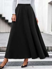 SHEIN Clasi Solid High Waist Flare Skirt - Black - View 3