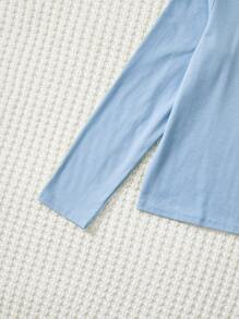 SHEIN Leap Crew 青少女休閒基本款圓領長袖豹紋心形和字母印花T恤 - 淺藍色 - 查看 3