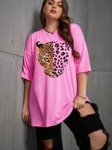 INAWLY Plus Leopard Print Drop Shoulder Tee - Pink - View 3