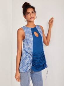 YONGYI 设计师波西米亚风蝴蝶和格子印花镂空褶皱前衬衫，适合夏季、假日、度假、春季、海滩、节日、伊比沙岛