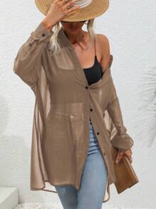 SHEIN LUNE Drop Shoulder Button Front Sheer Shirt Fall Cloth For Women - Khaki - View 4