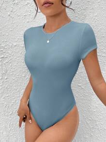 SHEIN PETITE Solid Ribbed Knit Bodysuit - Dusty Blue - View 5
