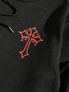 ROMWE MEN Goth 男士火和字母圖案抽繩加絨內裏連帽衫 - 黑色 - 查看 4