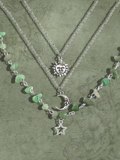 Fairycore 3 pièces Collier Mode Alliage De Cuivre Soleil & À Détail De Lune Pour Femme Pour Décoration Quotidienne