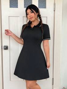 SHEIN EZwear 夏季撞色镶边高领连衣裙 - 黑色 - 查看 5