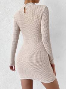 SHEIN Privé Waffle Knit Cut Out Front Bodycon Dress - Apricot - View 2