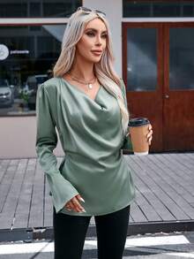 SHEIN Clasi cổ áo xếp nếp Chất rắn Áo sơ mi - Màu xanh Bạc hà - Xem 2