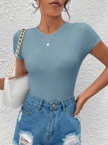 SHEIN PETITE Solid Ribbed Knit Bodysuit - Dusty Blue - View 4