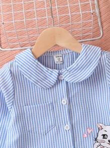 Young Girl Striped & Cat Print Peter Pan Collar PJ Set - Blue - View 5