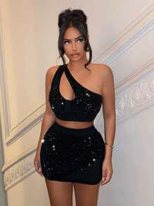 SHEIN SXY 單肩短款亮片上衣&包臀半身裙 - 黑色 - 查看 3