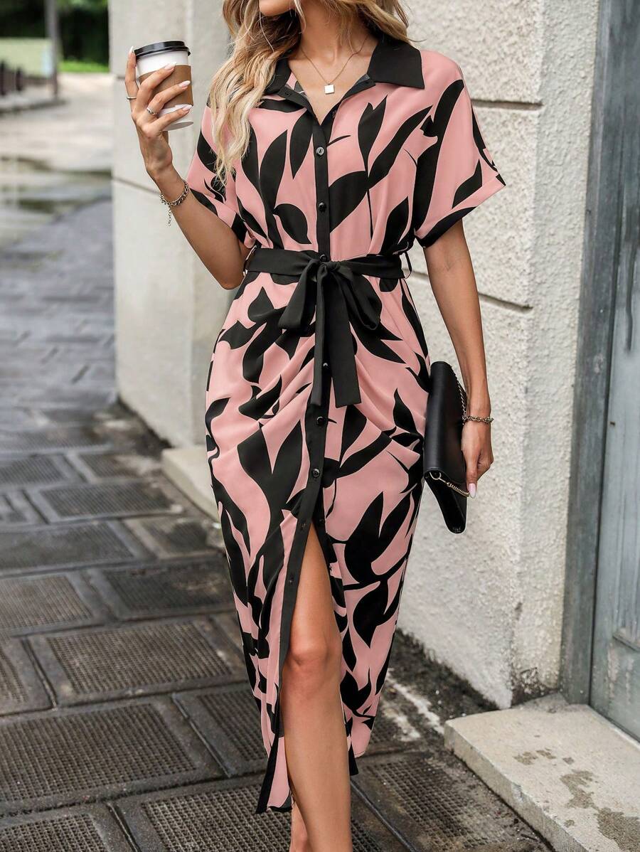 Chiquease 滿版印花蝙蝠袖腰帶襯衫洋裝 - 彩色 - 查看 1