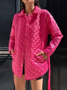 EURMUSE Snap Button Front Belted Quilted Coat - Hot Pink - View 4