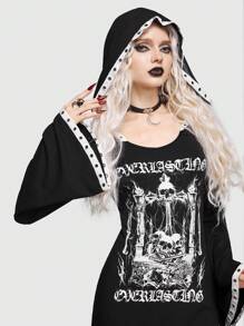 ROMWE Goth 字母&骷髏頭圖案喇叭袖連帽洋裝 - 黑色 - 查看 2