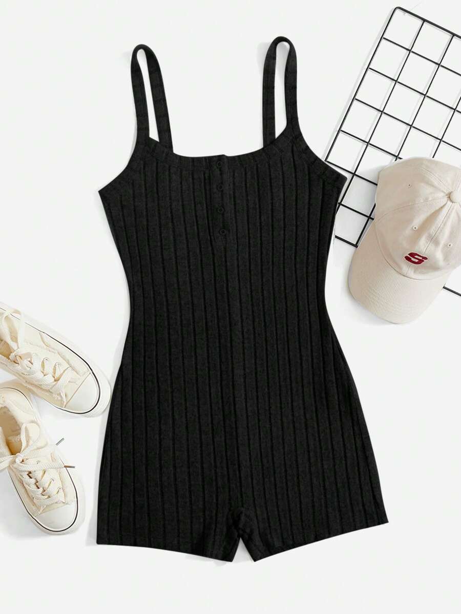 SHEIN EZwear Solid Cami Unitard Romper - Black - View 1