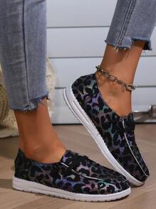 Women Leopard Pattern Slip On Shoes, Fabric Lace-up Front Sporty Sneakers - Multicolor - View 3