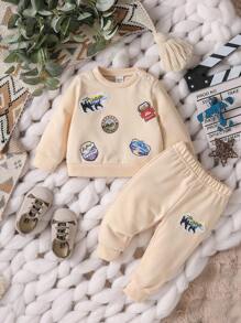男嬰字母圖案衛衣和衛褲和帽 - 杏色 - 查看 1