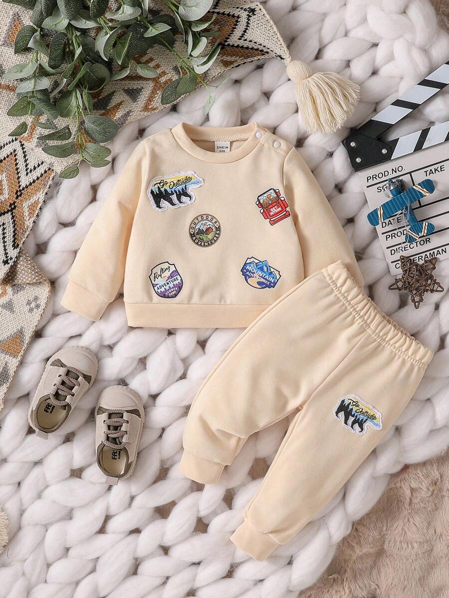 男嬰字母圖案衛衣和衛褲和帽 - 杏色 - 查看 1