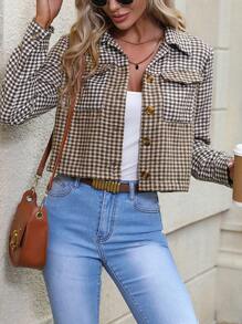 SHEIN LUNE Cazadora crop con estampado de pata de gallo con bolsillo con solapa - Café integral - Ver 7