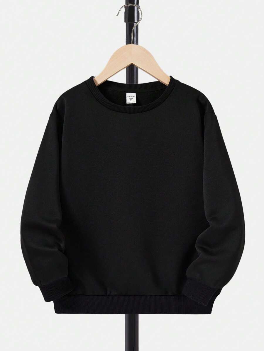 SHEIN Áo nỉ cổ tròn trơn màu đơn sắc cho bé trai tuổi mới lớn - màu đen - Xem 1