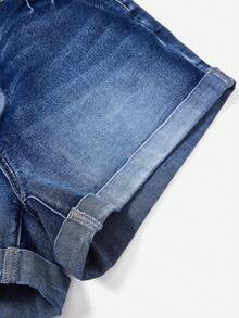 SHEIN EZwear Plus High Waist Roll Hem Denim Shorts - Medium Wash - View 4