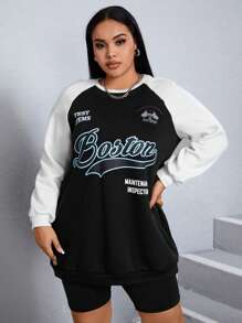 SHEIN EZwear 大碼字母圖案插肩袖運動衫 - 黑色 - 查看 5