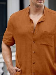 GENTILAND Loose Plus Size Men's Solid Color Button Up Pocket Patched Shirt - Brown - View 6