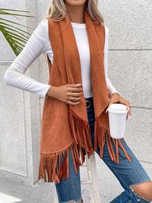 SHEIN LUNE 流蘇邊開門襟外套馬甲 - 棕色 - 查看 4