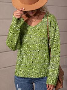 SHEIN LUNE Space Dye Drop Shoulder Sweater - Green - View 1