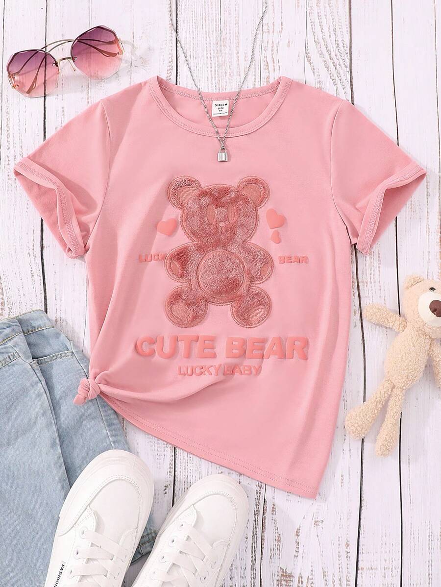 SHEIN Tween Girl Bear & Letter Graphic Tee - Pink - View 1