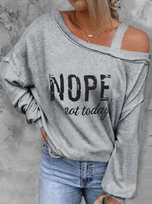 Slogan Graphic Asymmetrical Neck Drop Shoulder Sweatshirt - Grey - View 1