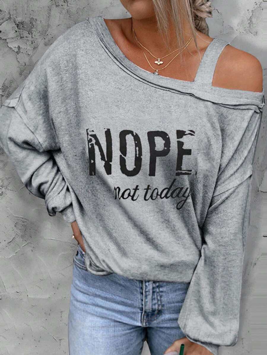 Slogan Graphic Asymmetrical Neck Drop Shoulder Sweatshirt - Grey - View 1