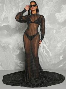 SHEIN Unity Vestido De Cola De Sirena Con Brillo A Rayas - Negro - Ver 4