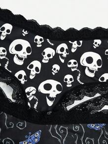 Corpse Bride | ROMWE 3pack Skull Print Contrast Lace Panty Set - Black - View 3