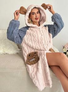 Cartoon Embroidery Raglan Sleeve 3D Ear Design Hooded Sleep Robe - Multicolor - View 3