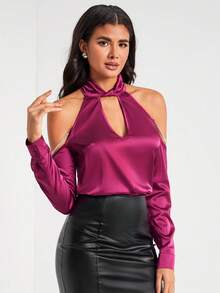 Classy Girl Cold Shoulder Cut Out Front Satin Blouse - Red Violet - View 5