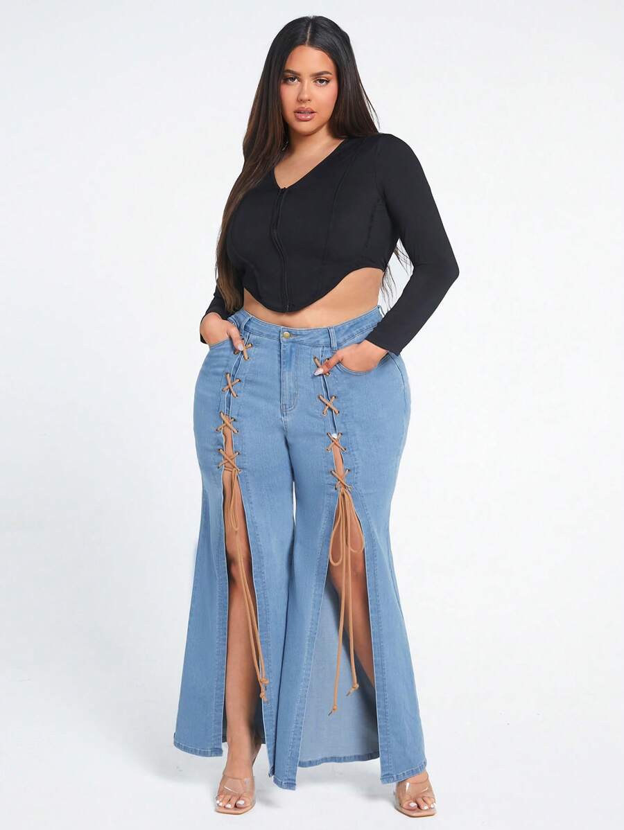 SHEIN SXY Plus Lace Up Front Flare Leg Jeans - Light Wash - View 1