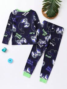 Chàng trai trẻ Điều khiển tay cầm & Đồ họa Chữ cái Vừa Khít Bộ PJ - Xanh đậm - Xem 2